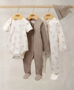 Bear Print All In Ones Bodysuit and Hat Set (4 Pieces)