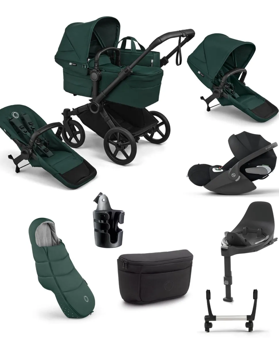 Bugaboo Donkey 6 Duo Ultimate Pushchair Bundle With Cybex Cloud T+ i-Size Rotating Baby Car Seat & Base (8 Pieces) - Fern Green