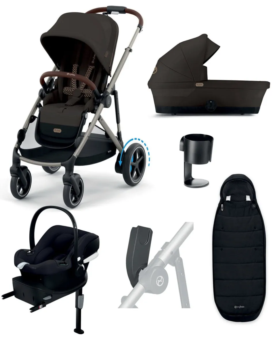 Cybex e-Gazelle S Electric Pushchair Bundle with Cybex Aton B2 i-Size Car Seat and Base (6 Pieces) – Chocolate Brown