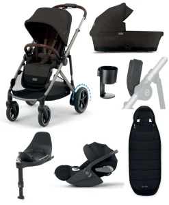 Cybex e-Gazelle S Electric Single to Double Pushchair Bundle with Cybex Cloud T+ i-Size Rotating Car Seat (7 Pieces) - Chocolate Brown
