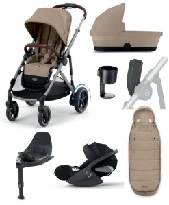 Cybex e-Gazelle S Electric Single to Double Pushchair Bundle with Cybex Cloud T i-Size Rotating Car Seat (7 Pieces) - Almond Beige