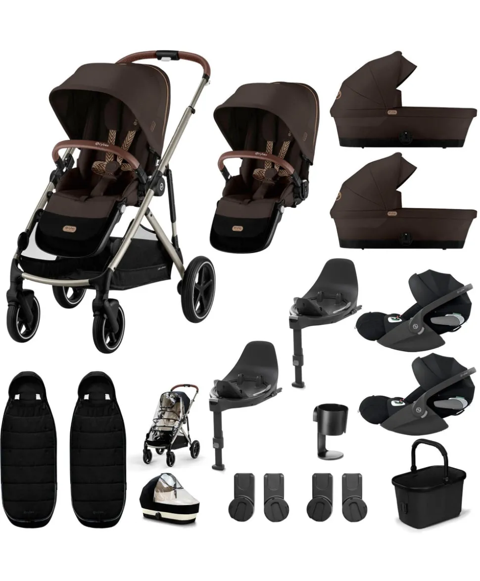 Cybex Gazelle S Twin Pushchair Bundle with Cybex Cloud T i-Size Rotating Baby Car Seat & Base (16 Pieces)- Chocolate Brown