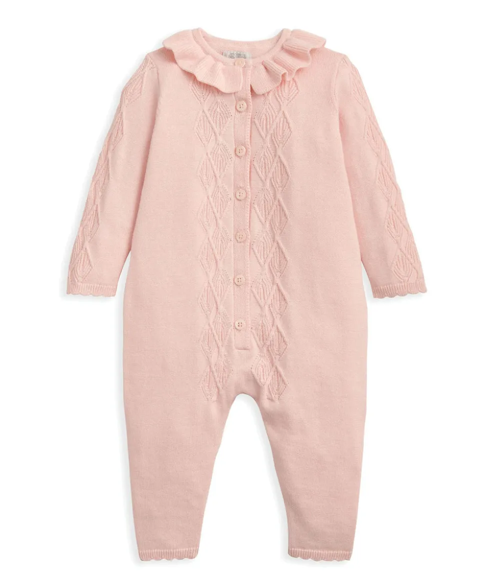 Diamond Stitch Knitted Romper with Frill Collar - Pink