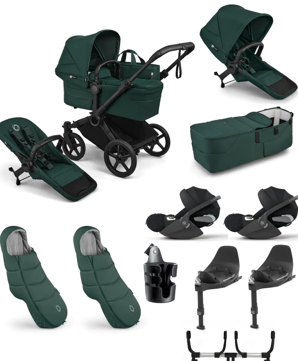 Donkey 6 Twin Essential Bundle With Cybex Cloud T+ i-Size Rotating Baby Car Seat (10 Pieces) - Fern Green