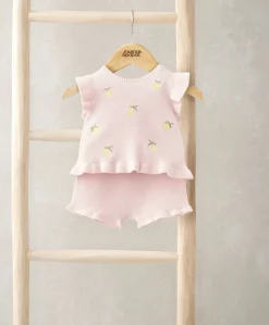 Embroidered Knit Top & Shorts Set (2 Pieces) - Pink