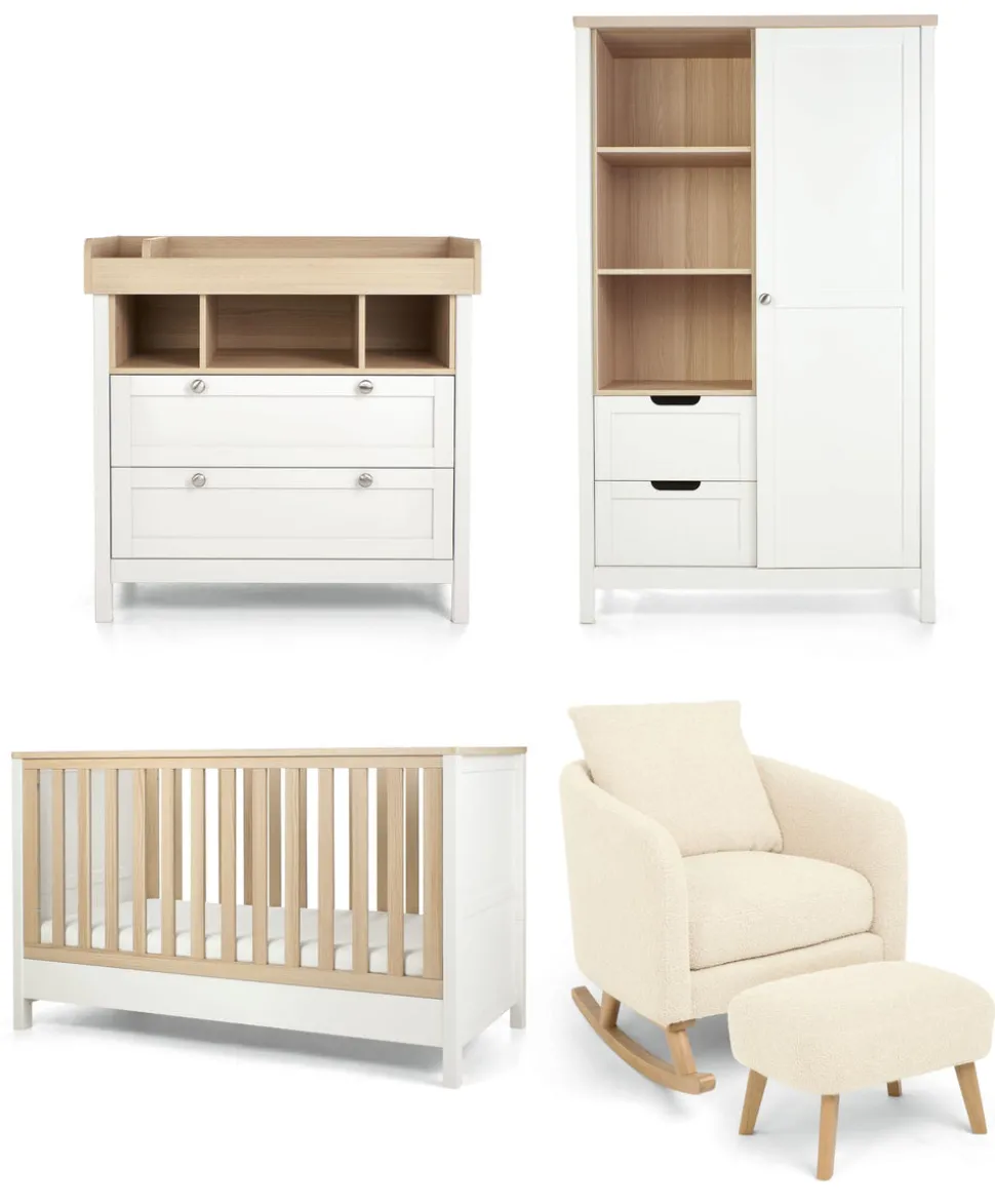 Harwell 3 Piece Cotbed Range with Alma Nursing Chair & Stool - White/ Off White Boucle