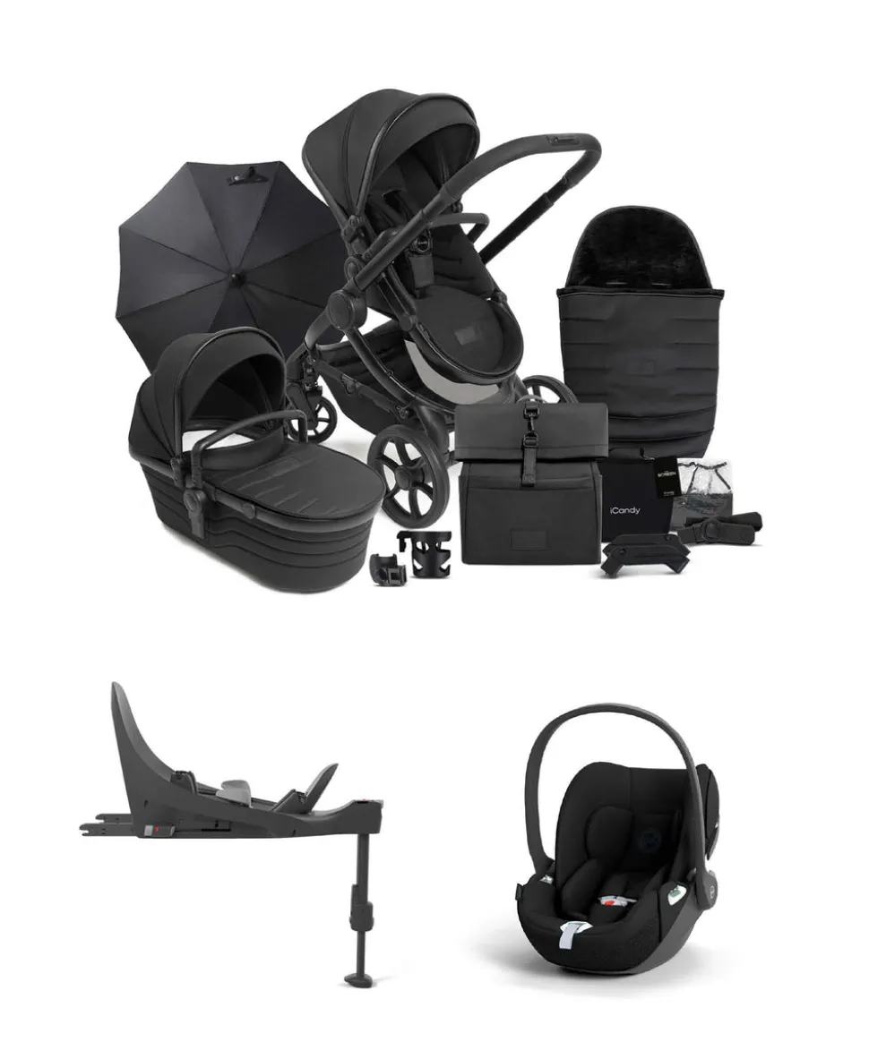 iCandy Peach 7 STUDIO Complete Pushchair Bundle and Cybex Cloud T i-Size Rotating Car Seat & Base - Black