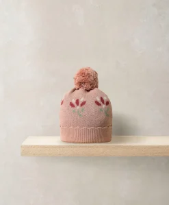 Jacquard Floral Knit Hat and Pom Pom