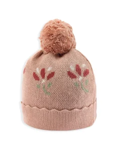 Jacquard Floral Knit Hat and Pom Pom