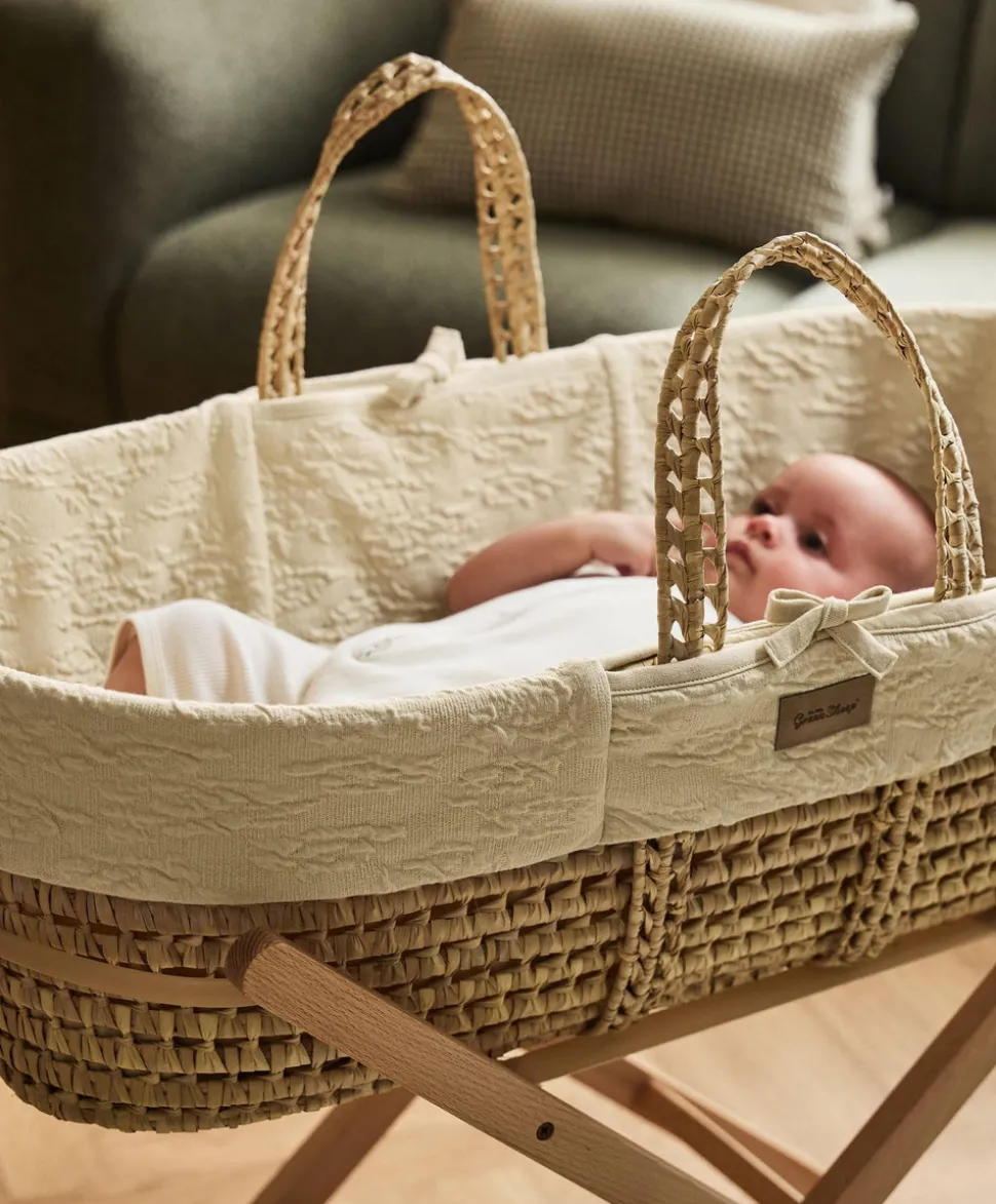 Little Green Sheep Furrow Knit Moses Basket & Mattress - Linen