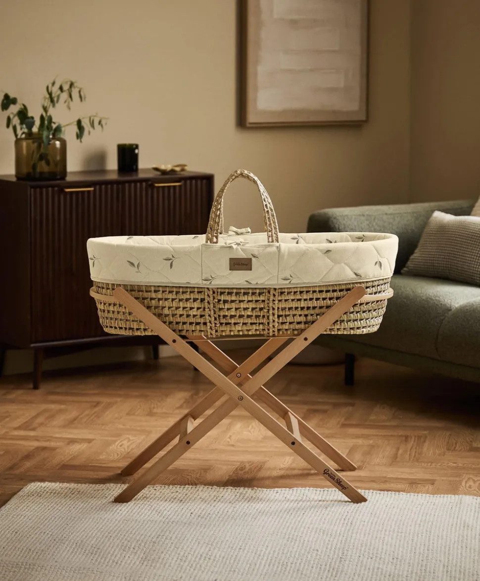 Little Green Sheep Quilted Moses Basket and Mattress - Leaves