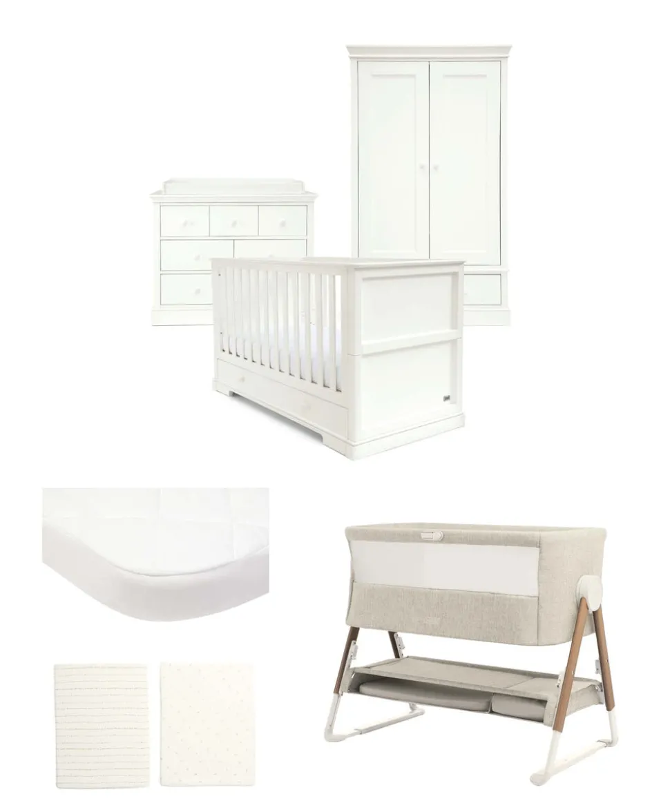 Oxford Nursery Bundle with Lua Bedside Crib (6 Piece) – Off-White